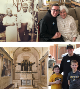 Four photos in a collage. The first photo in the top left corner depicts a vintage, black and white image of a husband and wife standing next to one another. The top right photo shows Br. Maxamilian sitting next to his smiling grandmother. The bottom left photo shows St. Benedict's room. The bottom right photo shows Br. Maxamilian smiling with two of his nephews.